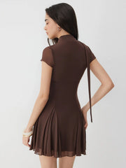 Mesh High Neck Short Sleeve Draped A-line Mini Dress With Scarf