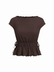 Textured Boat Neck Ruffled Peplum Hem Tie Side Top