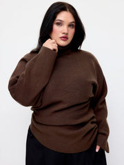 Knit Stand Collar Button Side Ruched Cinched Waist Top Curve & Plus