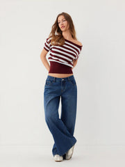 Knit Stripe Asymmetrical Neck Short Sleeve Top