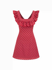 Polka Dot U-neckline Ruffled A-line Mini Dress