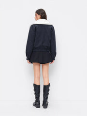 Corduroy Collar Bowknot Zip Through Oversized Jacket