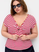 Cotton-blend V-neck Stripe Twist Short Sleeve Tee Curve & Plus