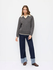 Cable Knit Collar Long Sleeve Two Tone Oversized Top