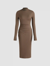 High Neck Solid Ruched Midi Dress
