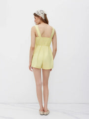 Linen-blend Square Neck Embroidery Trim Knotted Romper