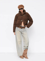 Corduroy Stand Collar Metal Buckle Zip Through Oversized Puffer Jacket