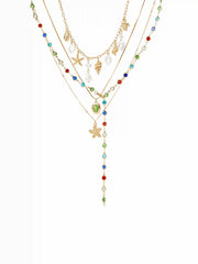 STARFISH & SHELL & RHINESTONE LAYERED NECKLACE