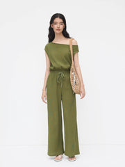 Asymmetrical Neck Texture Drawstring Knotted Jumpsuit