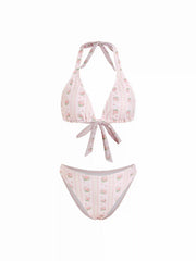 Halter Neckline Floral Ring Linked Low Rise Triangle Bikini Set With Skirt