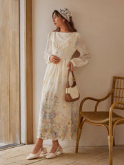 Chiffon Boat Neck Floral Embroidery Ruffle Maxi Dress