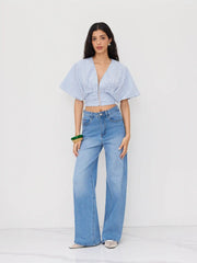 Cotton-blend V-neck Stripe Ruched Dolman Sleeve Shirt