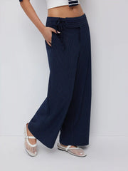 Low Rise Striped Tie Side Ruched Straight Leg Trousers