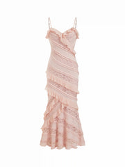 V-neck Lace Ruffle Hem Mermaid Maxi Dress