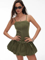 Denim Slim Fit High Rise Bubble Mini Dress With Belt