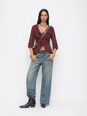Chiffon V-neck Tie Back Lettuce Trim Ruffle See-through Blouse