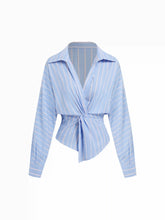 Cotton-blend Striped V-Neck Twist Knotted Long Sleeve Blouse