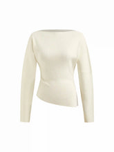 Knit Boat Neck Asymmetrical Hem Split Long Sleeve Top