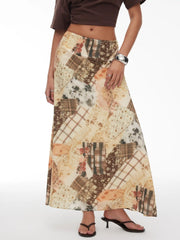 Abstract Patchwork Print Mid Rise Flared Maxi Skirt