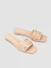 EYELET SQUARE TOE LOW HEEL FAUX LEATHER SLIPPERS