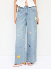 Denim Low Rise Heart & Star Graphic Applique Wide Leg Jeans