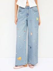 Denim Low Rise Heart & Star Graphic Applique Wide Leg Jeans