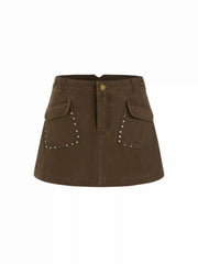 Washed Denim Low Rise Studded Pocket A-line Micro Mini Skirt