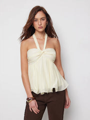 Halter Neckline Ruched Twist Knotted Blouse