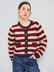 Knit Round Neck Striped Contrasting Binding Pocket Cropped Cardigan