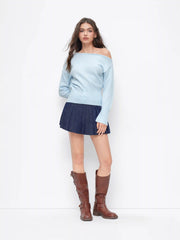 Knit Asymmetrical Neck Button Long Sleeve Top