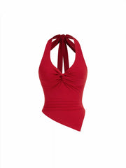 Cotton-blend Halter Neck Ruched Asymmetrical Hem Top