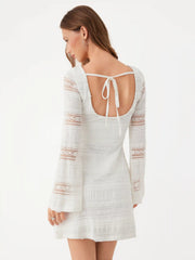 Lace Boat Neck Knotted Backless Bell Sleeve Mini Dress
