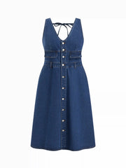 Cider Denim V-neck Button Knotted A-line Midi Dress Curve & Plus