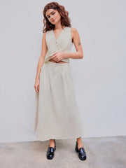 Linen-blend High Rise Solid Pocket Maxi Skirt