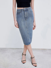 Cider Denim High Rise Rhinestone Split Maxi Skirt