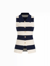 Knit Collar Two Tone Striped Split Tank Top With Metal Button
