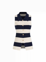 Knit Collar Two Tone Striped Split Tank Top With Metal Button
