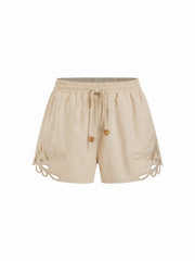 Linen-blend Mid Rise Embroidery Hollow Out Beaded Drawstring Oversized Shorts