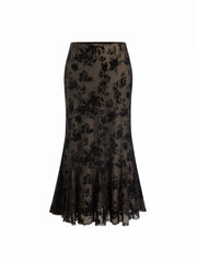 Mesh Mid Rise Floral Mermaid Midi Skirt