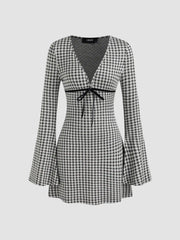 V-neck Gingham Bowknot Mini Dress