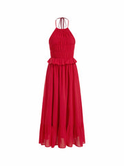 Chiffon Halter Neckline Shirred Ruffled Flared Maxi Dress