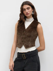 Fleece V-neck Button Cropped Waistcoat