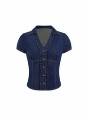 Denim Ruched Front Metal Button Short Sleeve Blouse