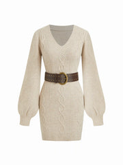 Wool-blend Cable Knit V-neck Bobycon Mini Dress With Belt