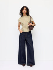 Cotton-blend Plaid Stand Collar Tie Back Blouse