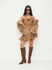 Animal Print Chiffon Cowl Neck Layered Layered Mini Dress With Scarf