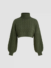 Cable Knit Turtleneck Solid Long Sleeve Crop Top