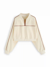 Cotton-blend Stand Collar Striped Half Zip Oversized Sweatshirt