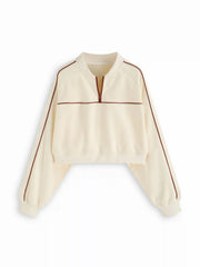Cotton-blend Stand Collar Striped Half Zip Oversized Sweatshirt