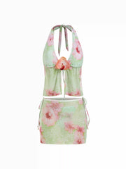 Halter Neckline Floral Tie Side Flower Detail Bikini Set With Cover Up Skirt